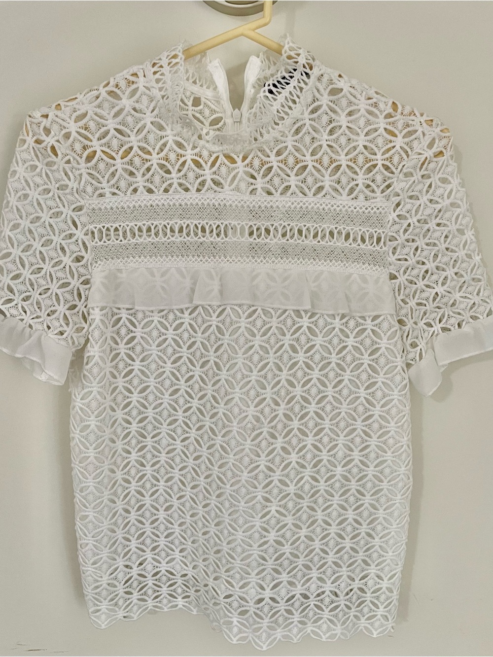 SHEIN White Crochet Lace High-Neck Ruffle Sleeve Top